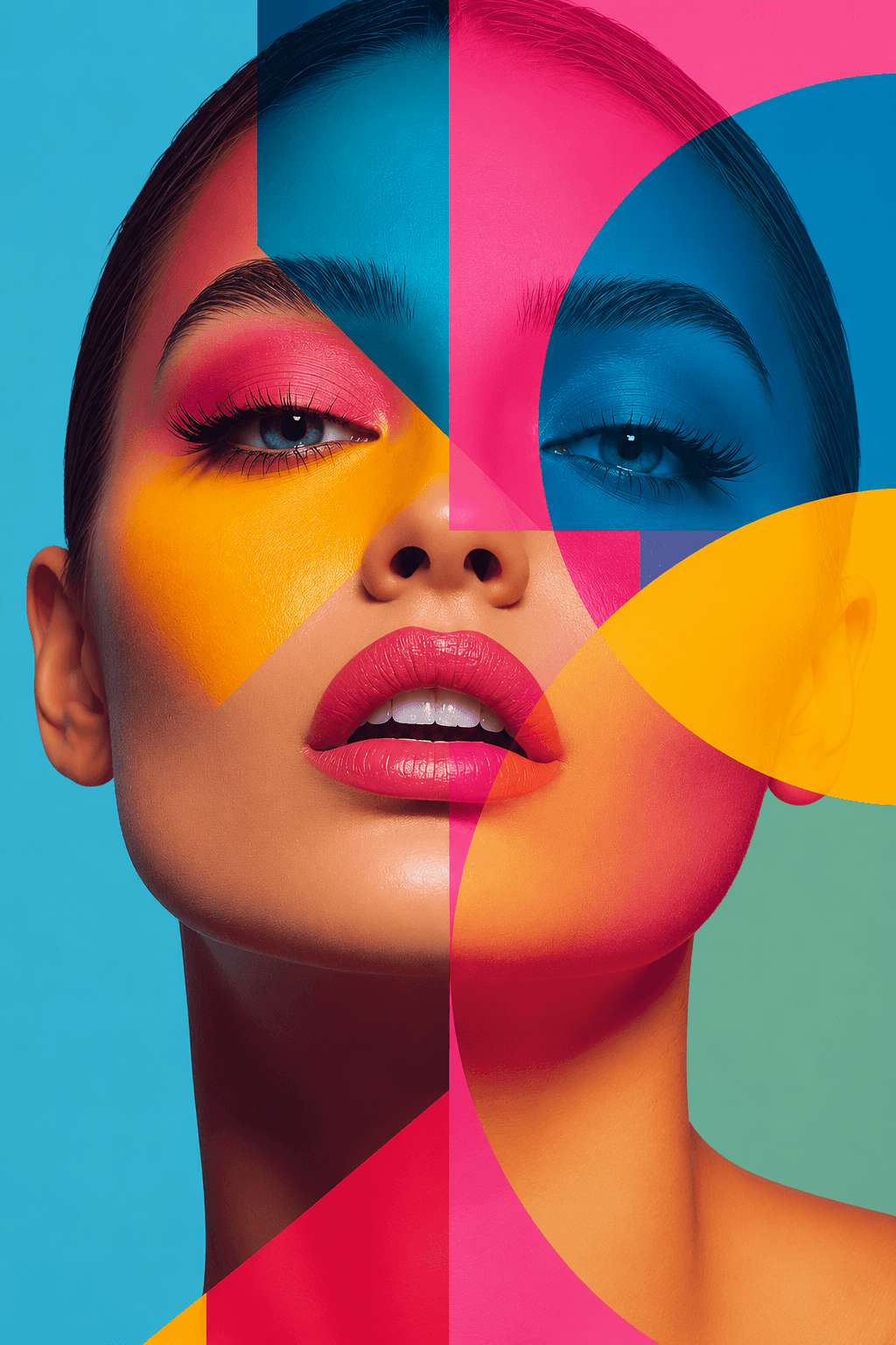 Colour-rich editorial portrait with bold geometric overlays across the face.