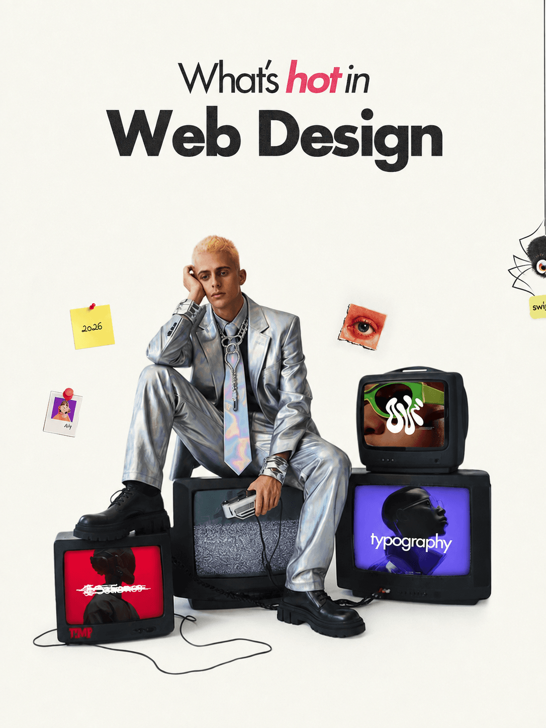 Editorial artwork reading What's hot in Web Design above a seated person and vintage screens.