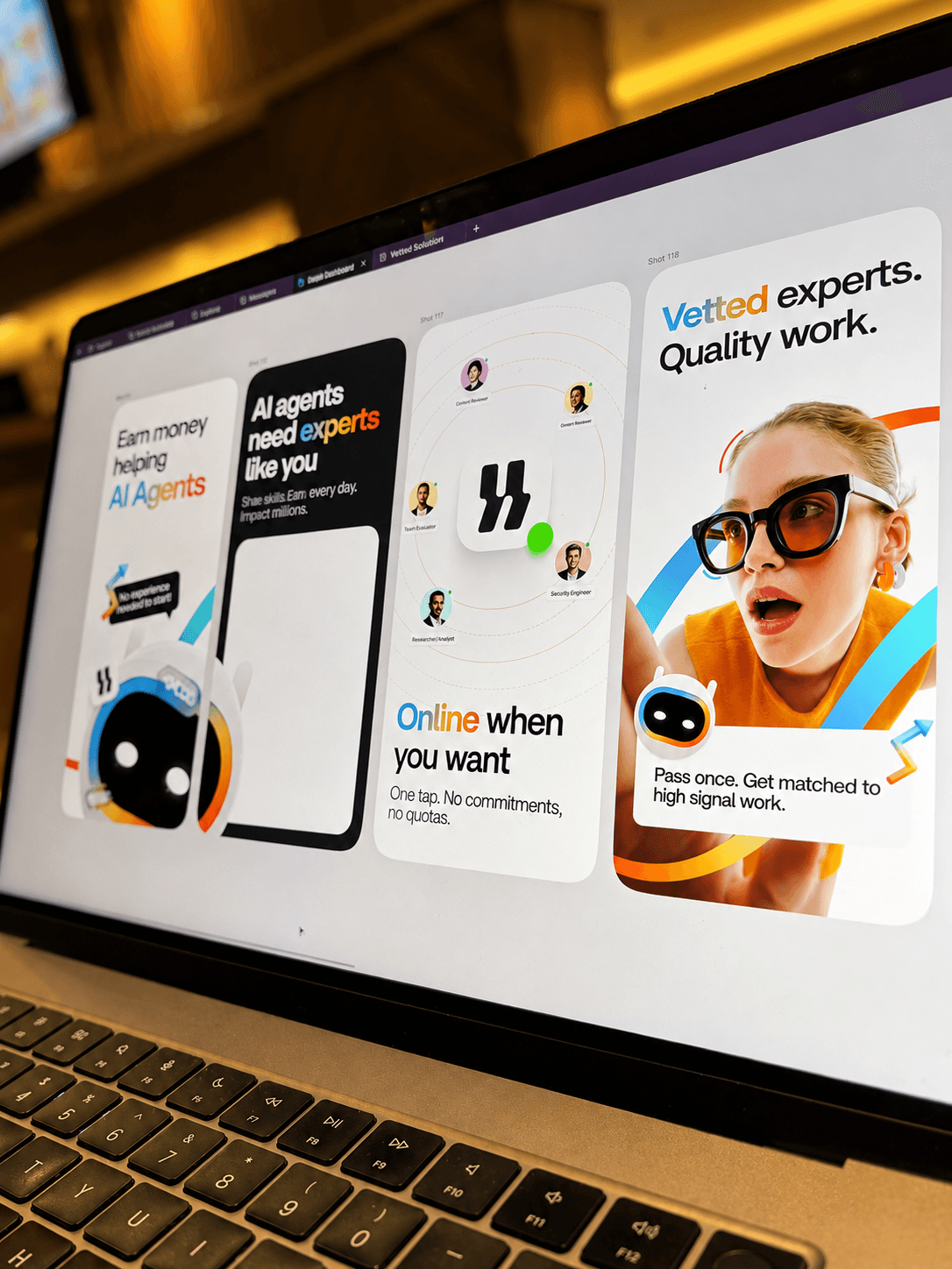 Laptop screen displaying a colourful digital product design interface.